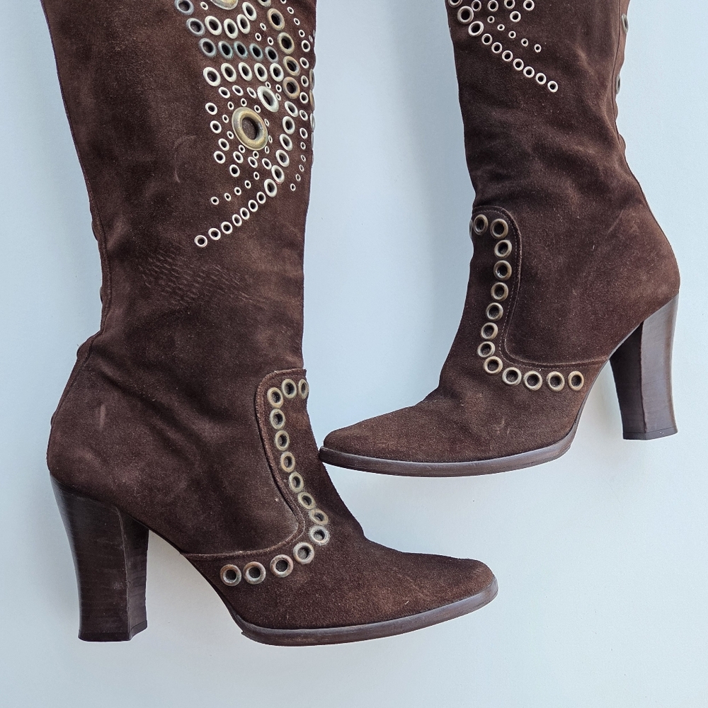 Dolce & Gabbana Brown Suede Butterfly Rivet Heeled Boots Size 39 - Picture 6 of 16
